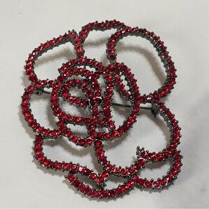 NWT Ruby Red Rhinestone Camellia Brooch Dark Academia Gothic Pin 3”
